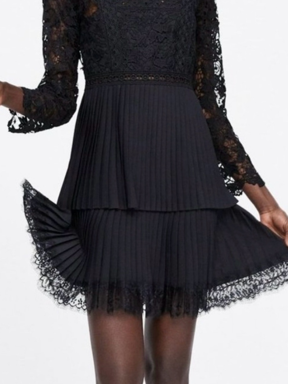 Zara Black Lace Pleated Tiered Mini Dress